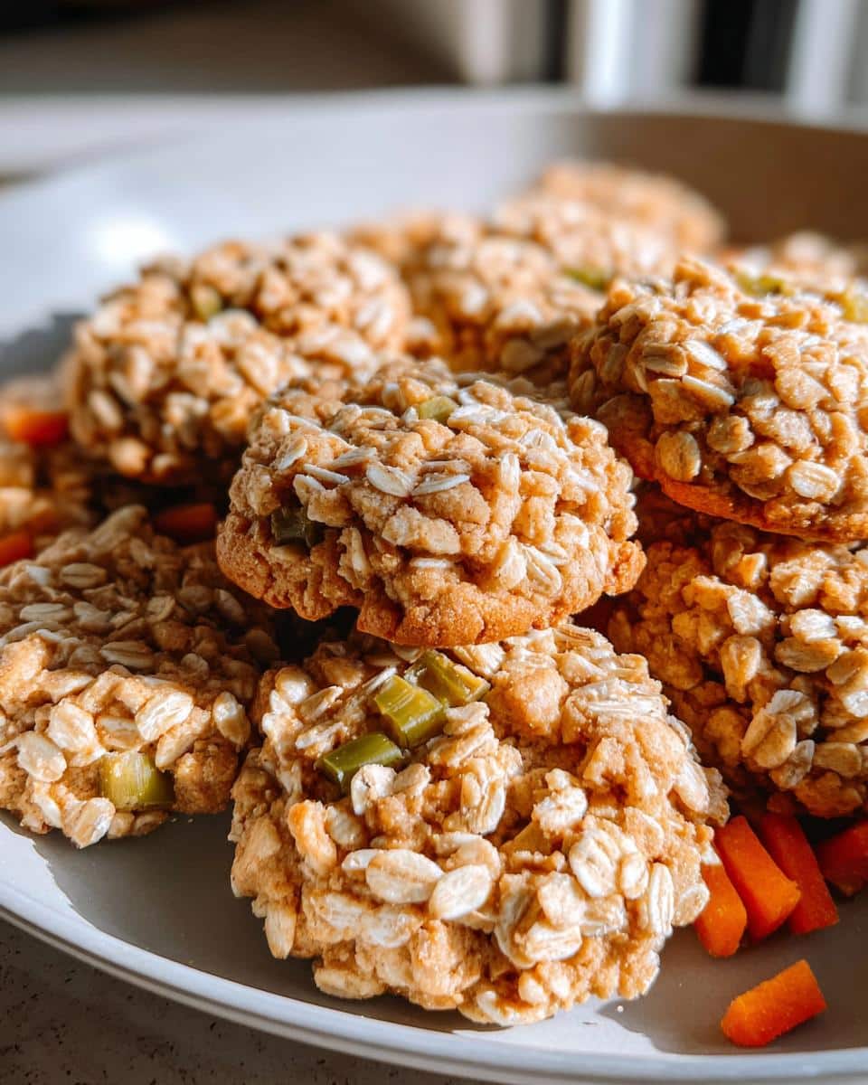Close-up of homemade peanut butter oat biscuit for dog treats, covered in oats and containing green vegetable pieces.