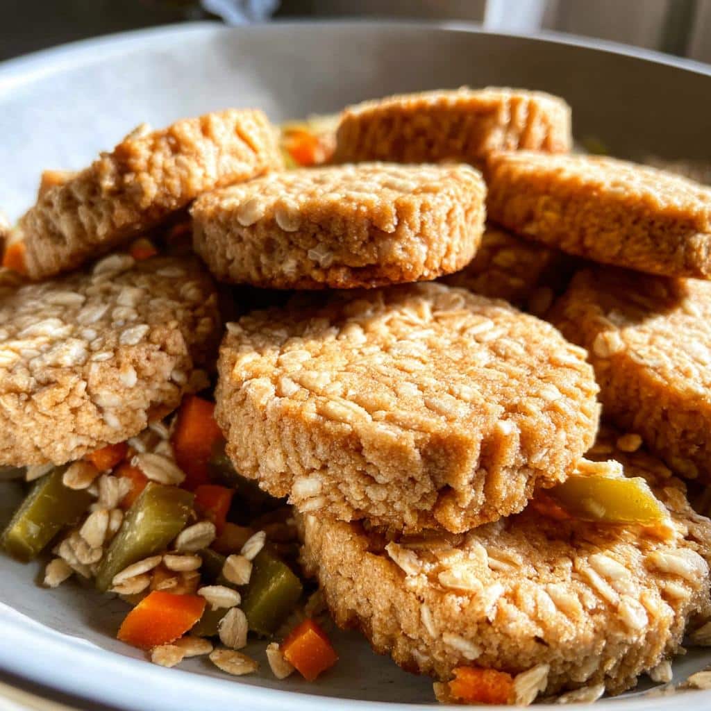 A pile of homemade peanut butter oat biscuit for dog treats, served over chopped carrots and green vegetables.
