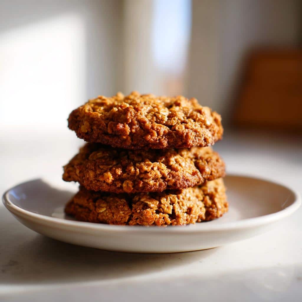 A stack of three golden brown Peanut Butter & Oatmeal Cookies resting on a small white plate.
