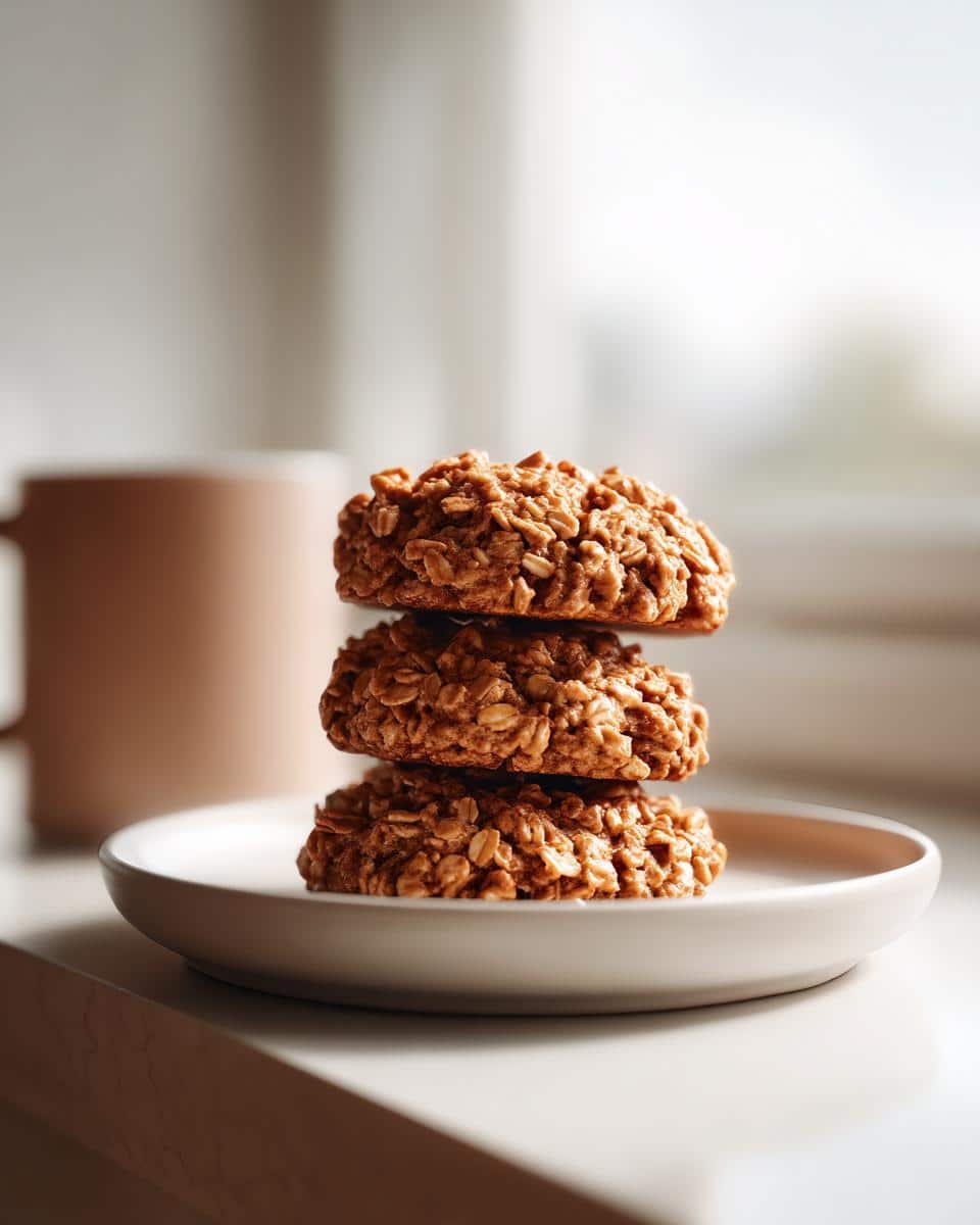 Three delicious Peanut Butter & Oatmeal Cookies stacked on a small white plate next to a blurred mug.