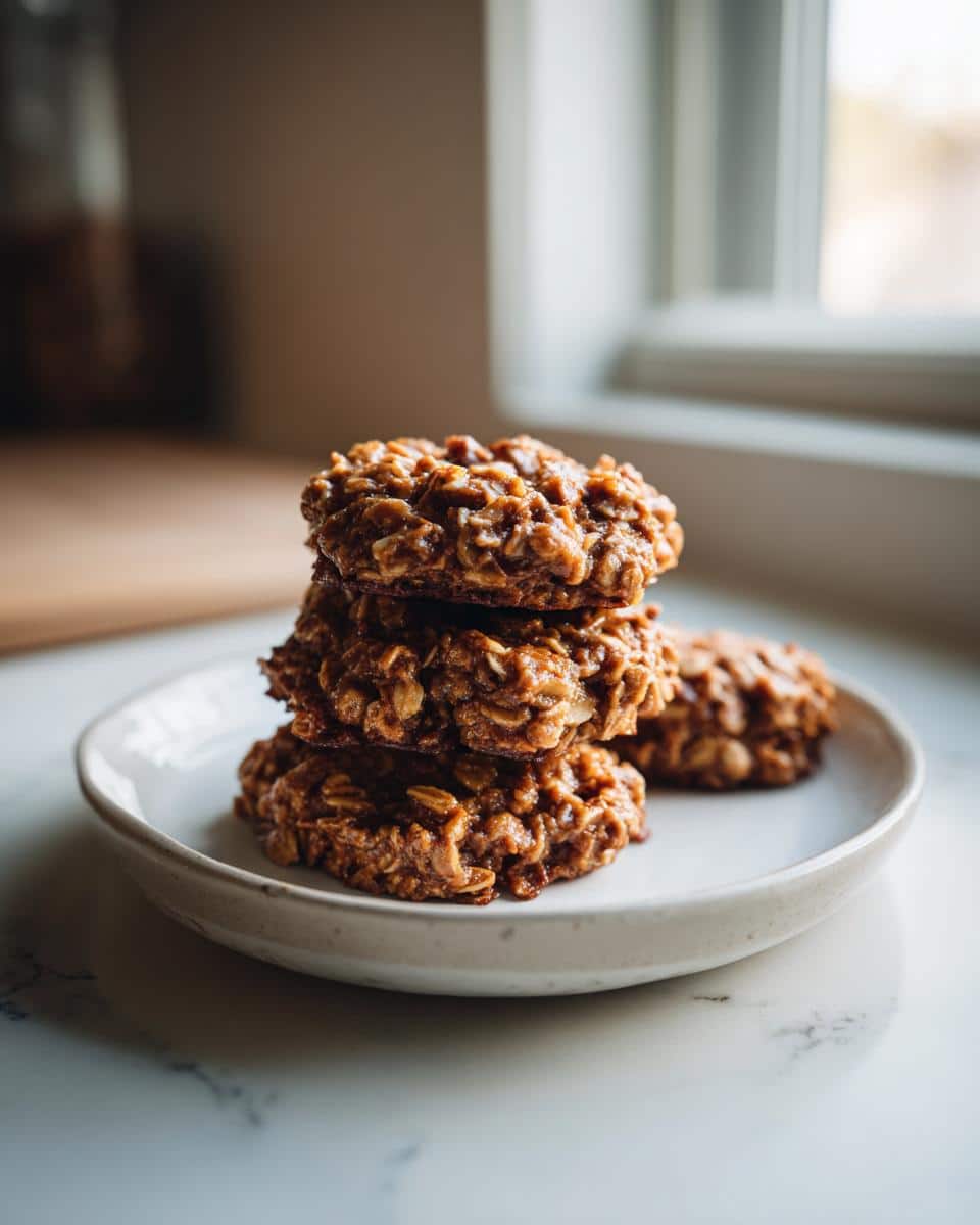 A stack of three rich, dark Peanut Butter & Oatmeal Cookies resting on a small white plate.