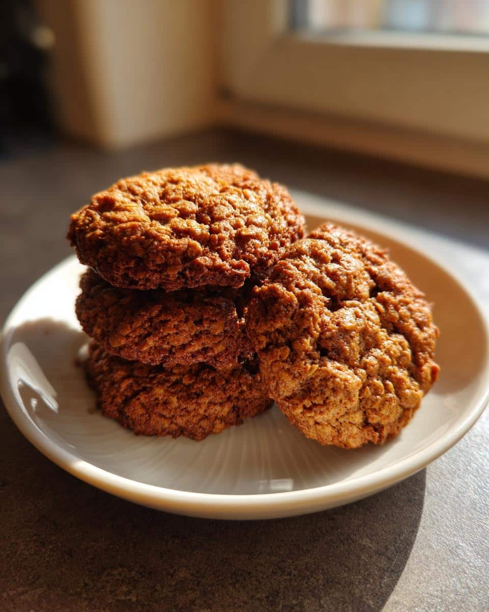 A stack of four golden brown Peanut Butter & Oatmeal Cookies resting on a small white plate.
