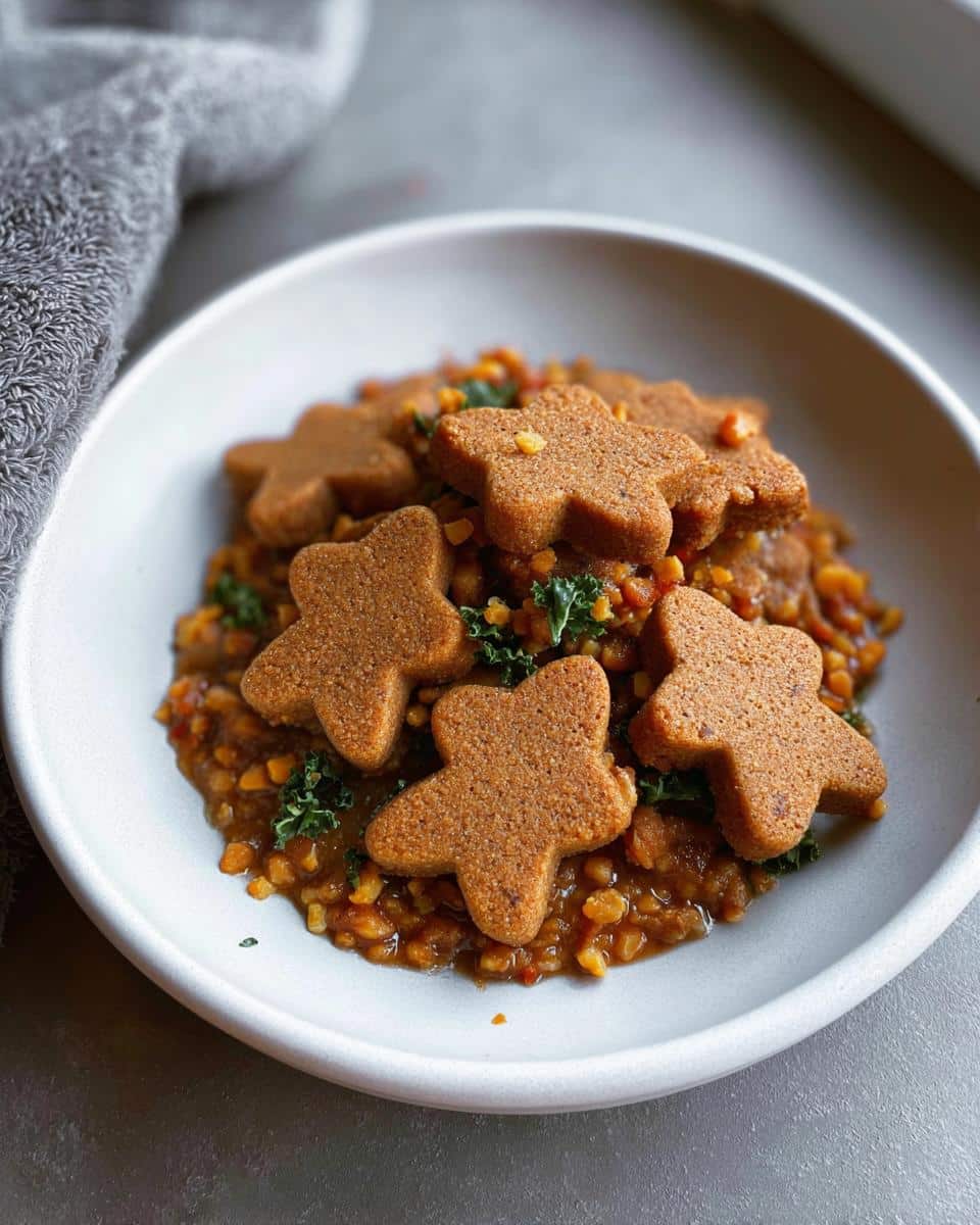 Star-shaped peanut butter snowflake dog treats served over a bed of savory lentils and kale.