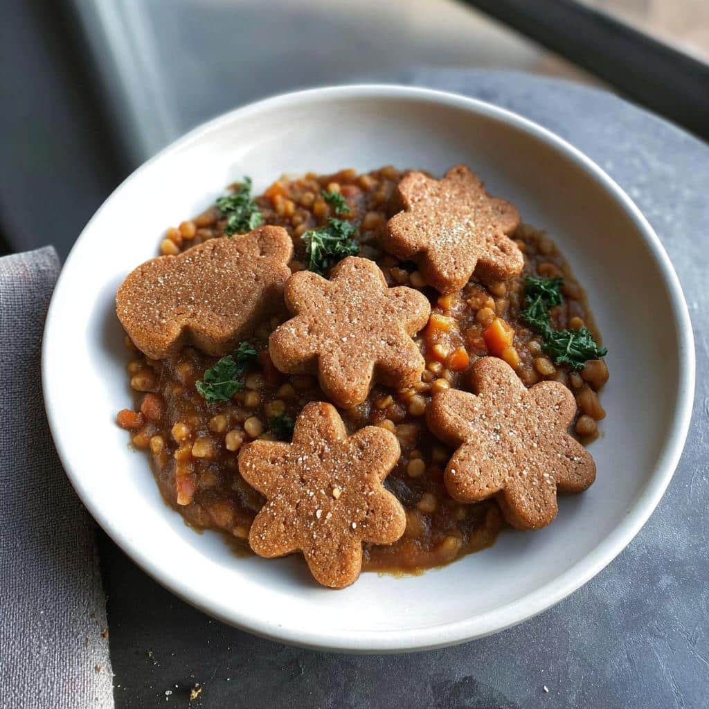 Four snowflake-shaped Holiday Themed Dog Treats served atop a savory lentil stew in a white bowl.