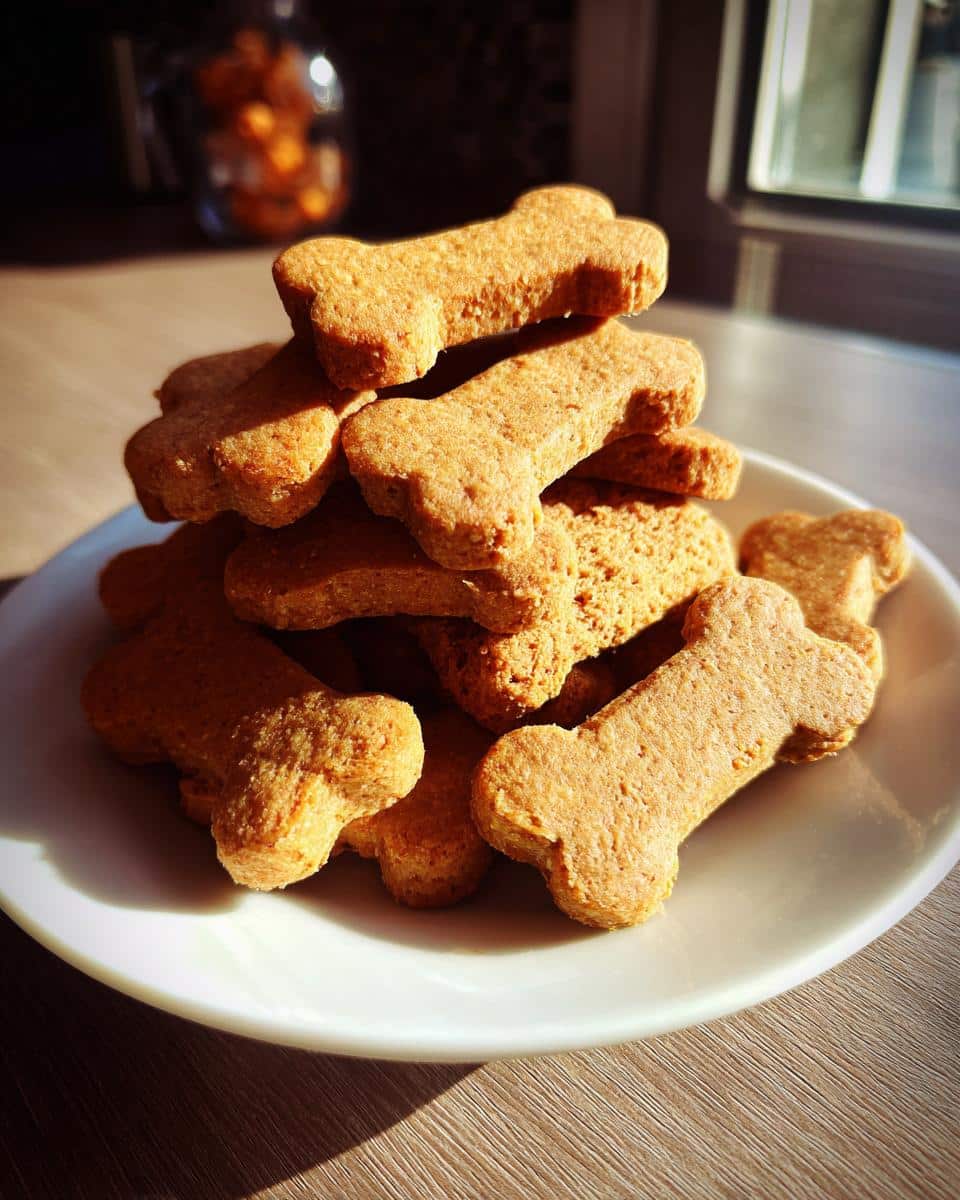 A stack of golden brown, bone-shaped chicken broth dog biscuit treats piled high on a white plate.