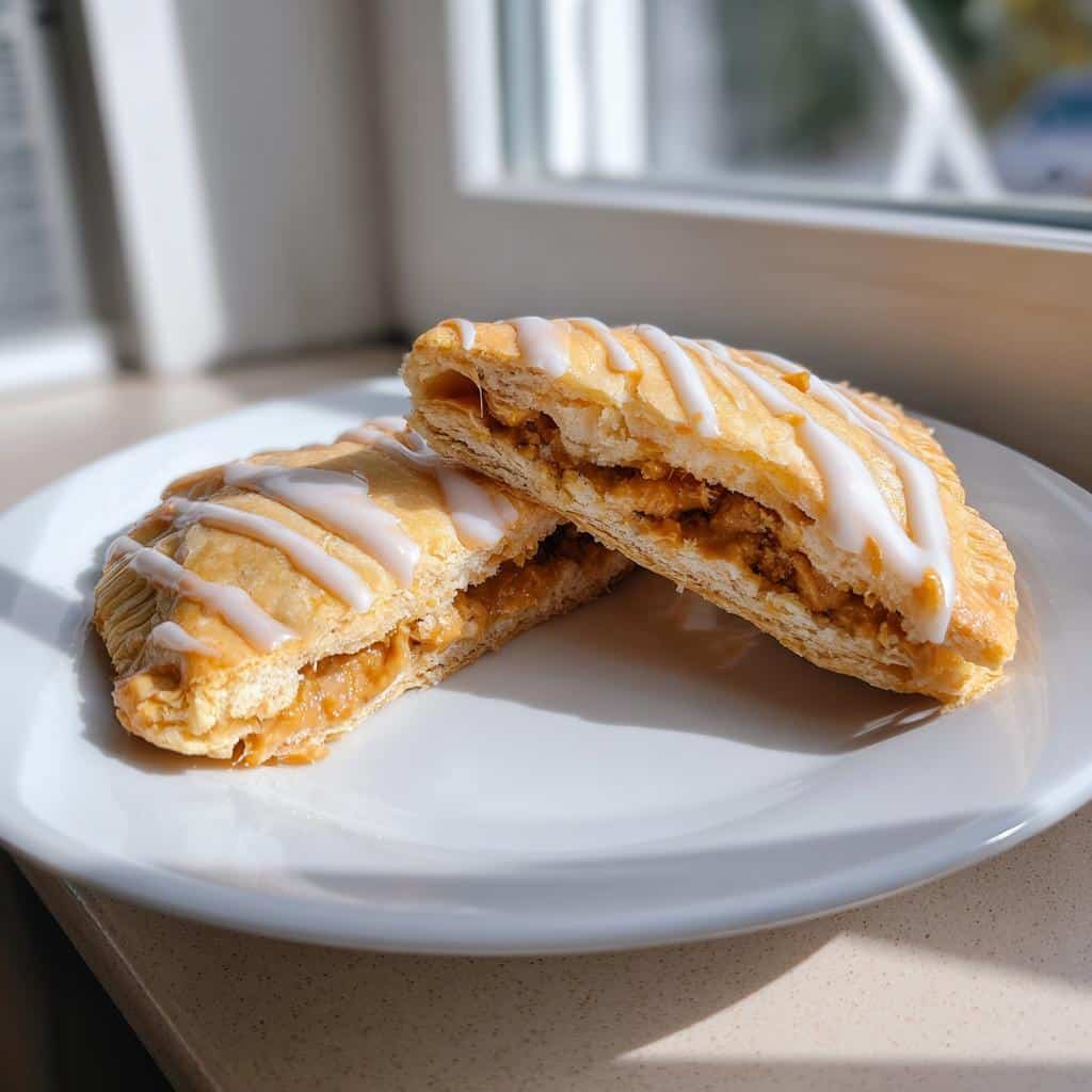 Two halves of a homemade Pop Tart With Peanut Butter Flakes filling, drizzled with white icing, resting on a white plate.