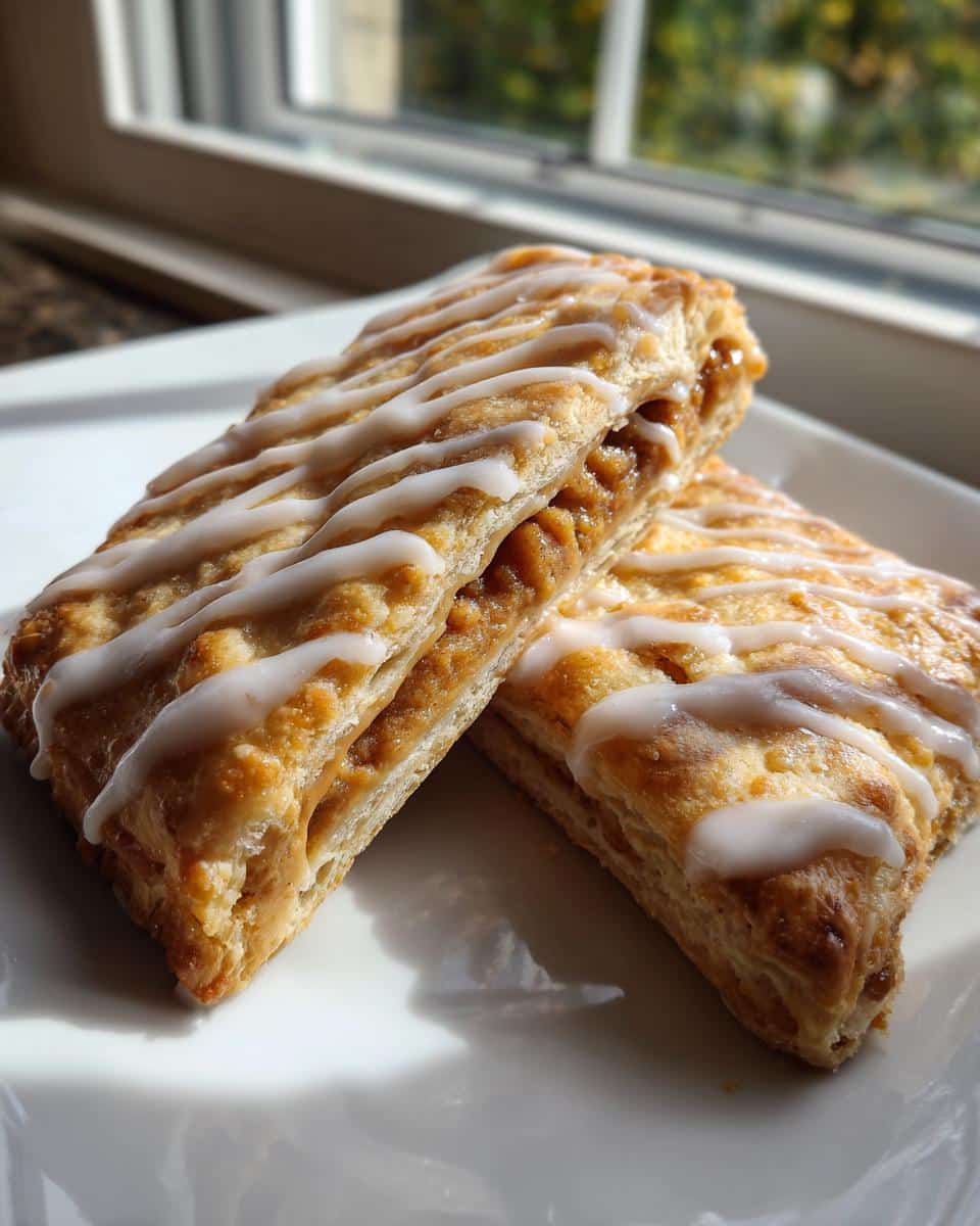 Two homemade Pop Tarts With Peanut Butter Flakes stacked on a white plate with white icing drizzle.