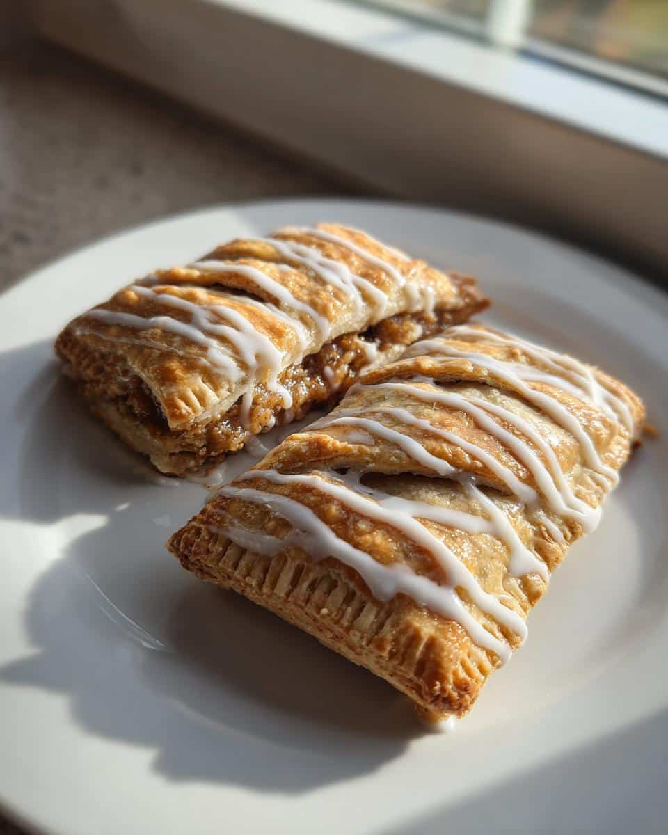Two homemade Pop Tarts With Peanut Butter Flakes drizzled with white icing on a white plate.