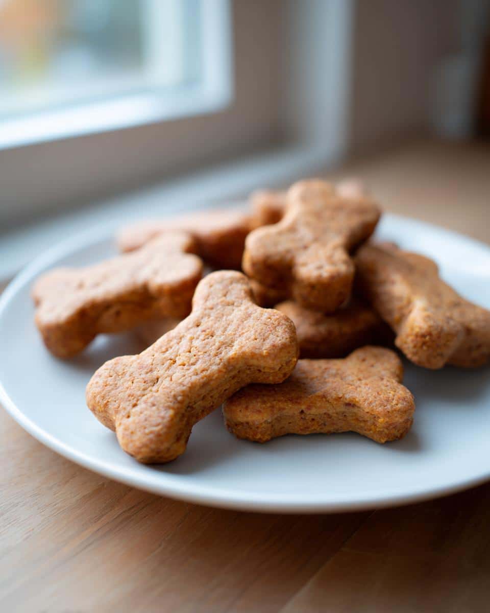 A pile of bone-shaped Pumpkin Applesauce Dog Treats resting on a light blue or white plate near a window.