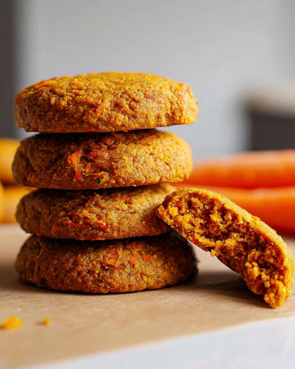 A stack of four soft Pumpkin & Carrot Cookies, with one cookie broken open to show the moist interior.