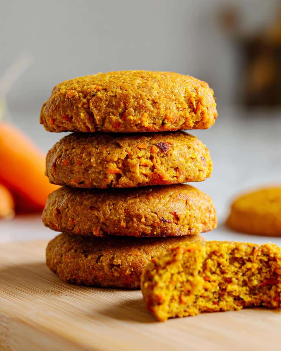 A stack of four soft, orange Pumpkin & Carrot Cookies on a wooden board, with one cookie broken open showing the texture.