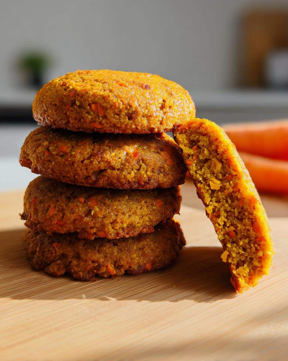 A stack of four soft, orange Pumpkin & Carrot Cookies on a wooden board, with one cookie broken open showing the texture.