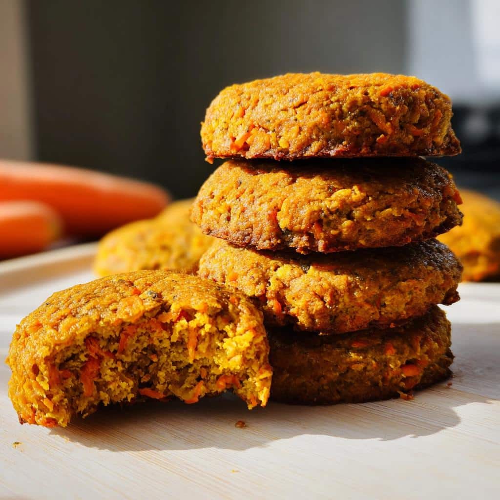A stack of four golden-brown Pumpkin & Carrot Cookies, with one cookie in front having a bite taken out showing the moist interior.