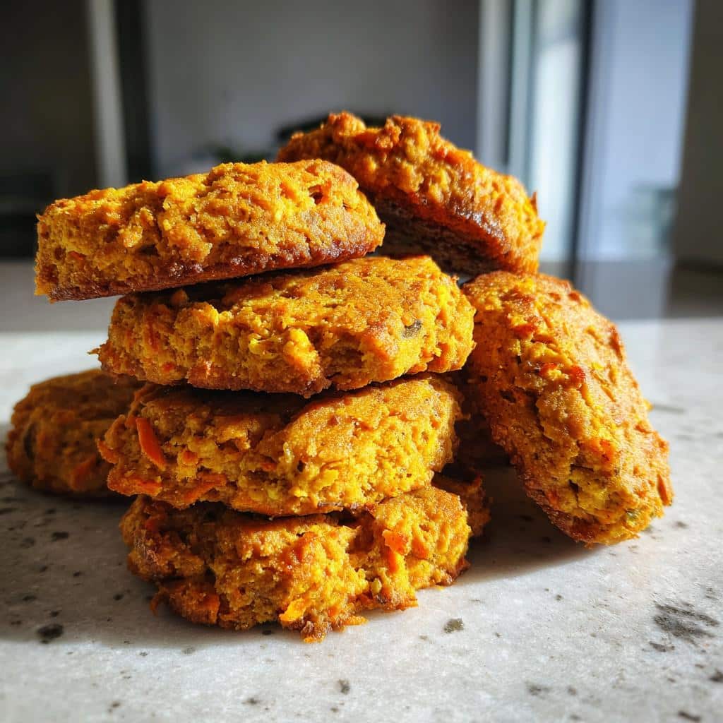A close-up stack of freshly baked, orange-colored Pumpkin & Carrot Dog Biscuits on a light countertop.