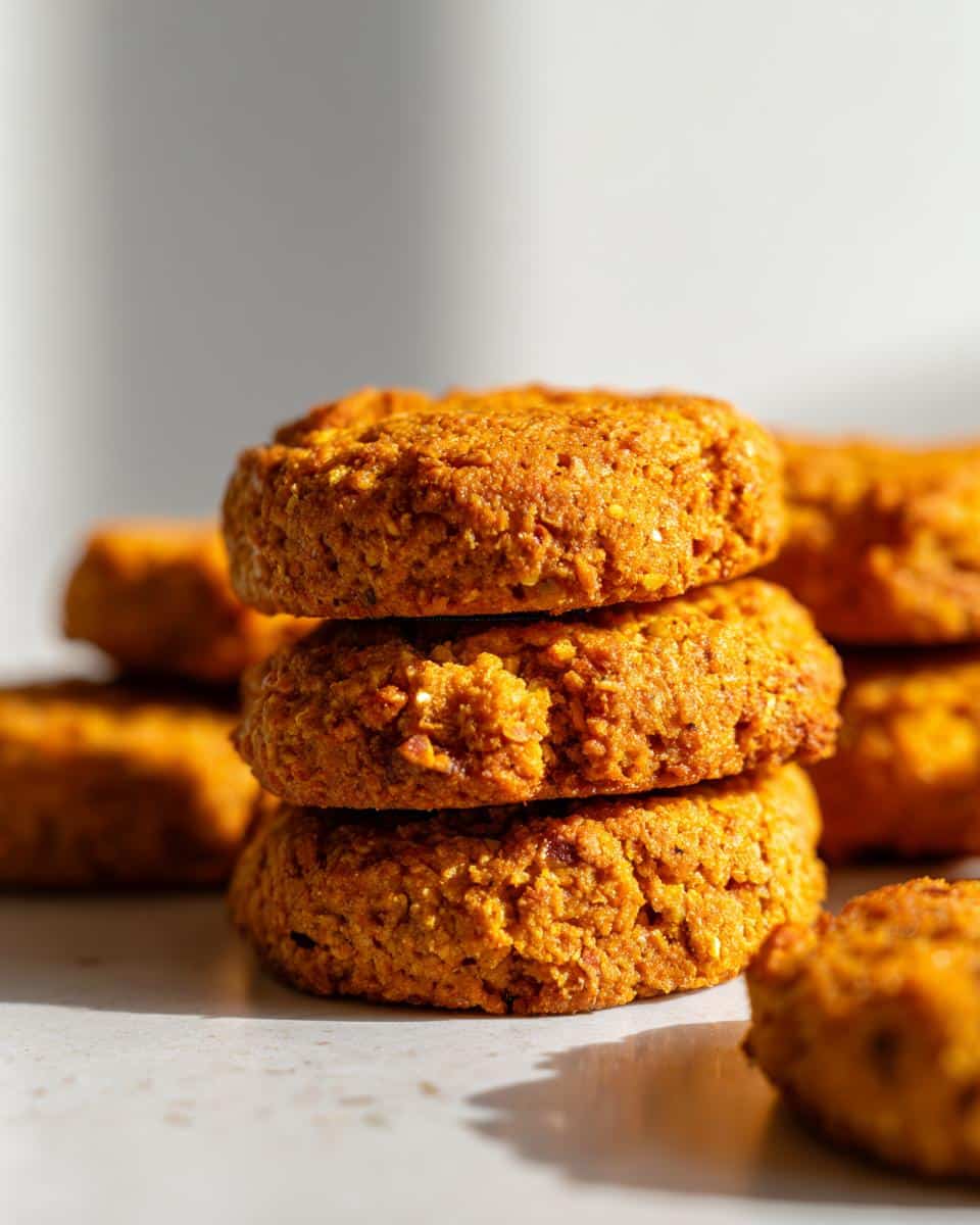 A close-up stack of three textured, orange Pumpkin & Carrot Dog Biscuits on a light surface.