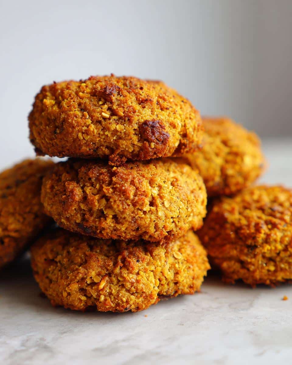 Close-up of a stack of golden-brown Pumpkin & Carrot Dog Biscuits with a textured, baked surface.