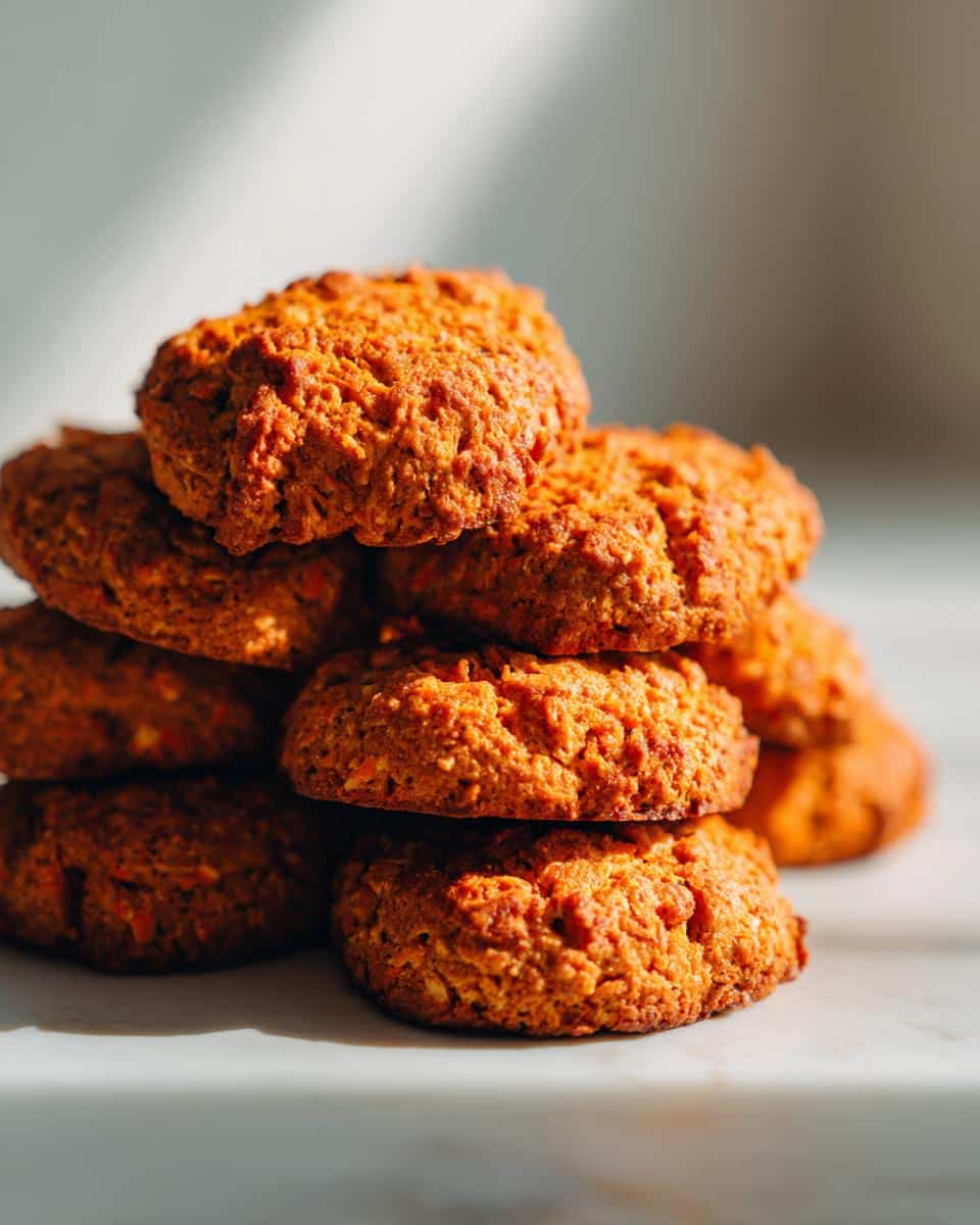 A close-up stack of freshly baked, rustic Pumpkin & Carrot Dog Biscuits sitting on a light surface.