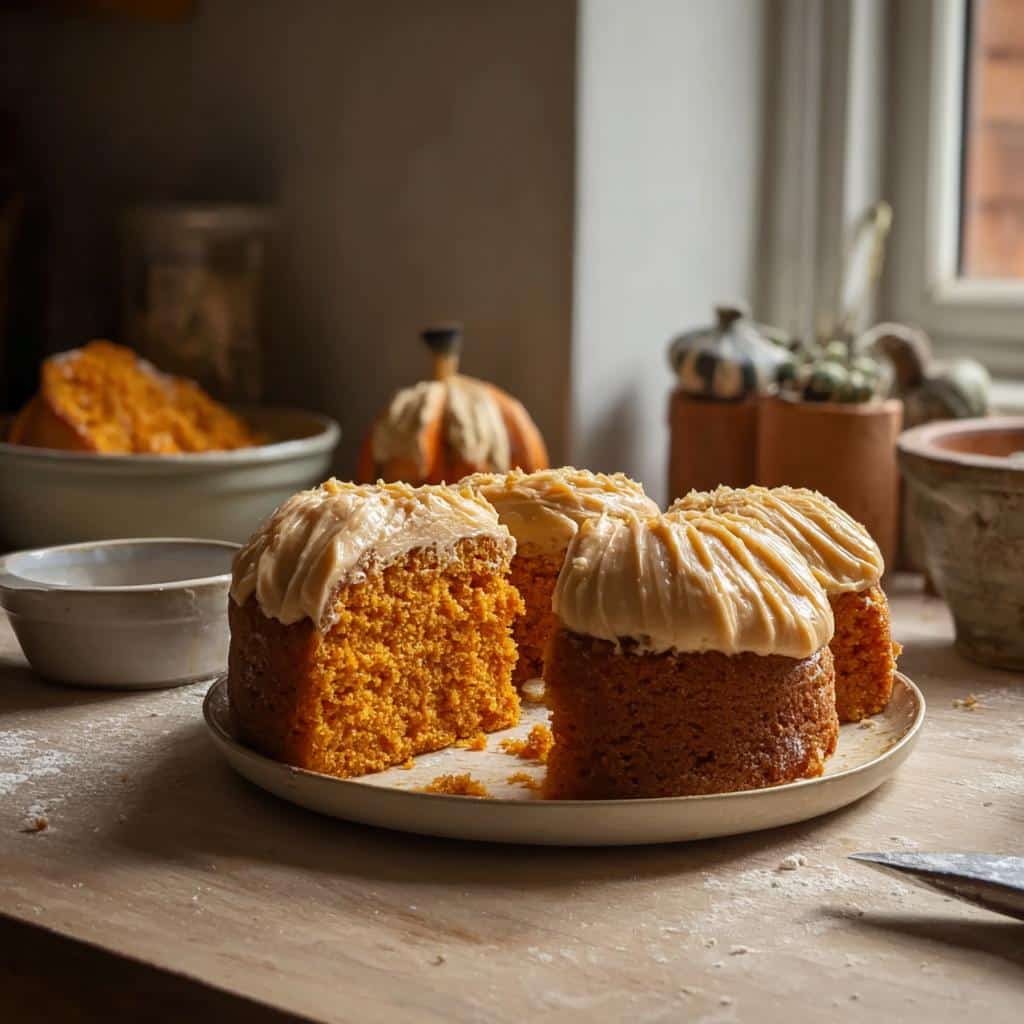 Four small, round portions of bright orange Pumpkin Dog Cake topped with thick, creamy peanut butter frosting.