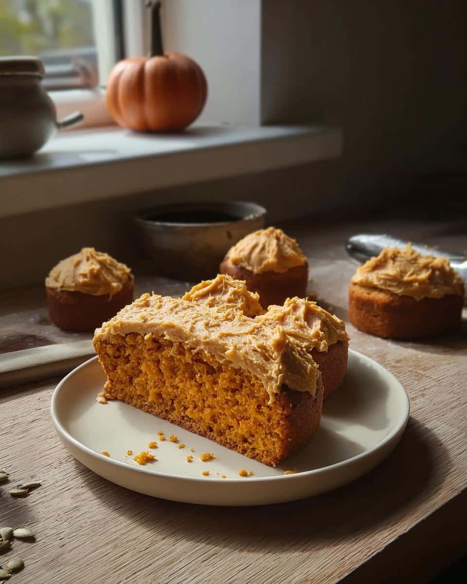 A slice of moist Pumpkin Dog Cake with thick, orange frosting served on a white plate.