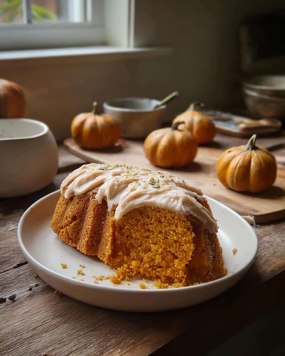 A slice of moist Pumpkin Dog Cake with light orange frosting and pumpkin seeds on a white plate.