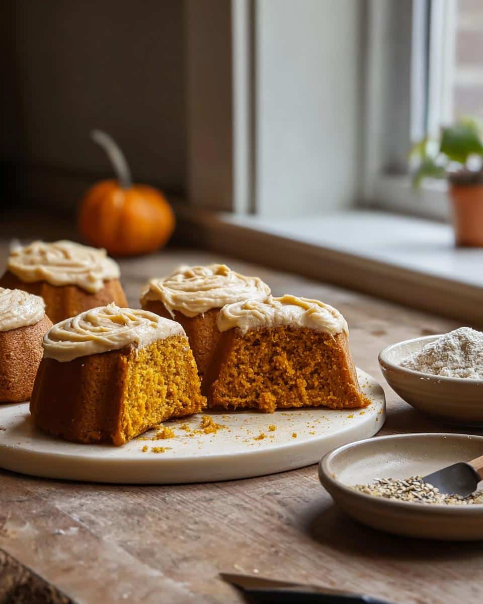 Several moist slices of Pumpkin Dog Cake topped with light frosting on a platter, with ingredients nearby.