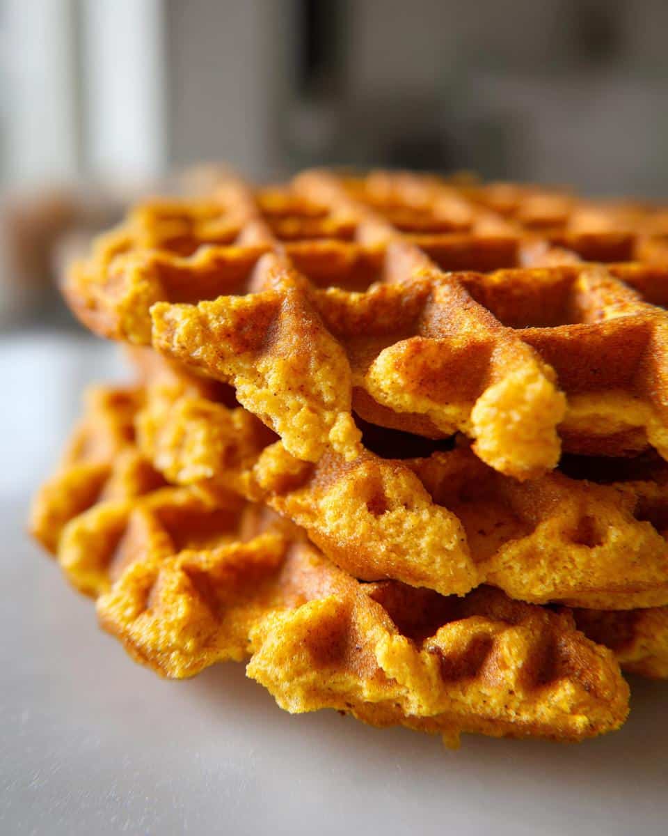 Close-up of a stack of golden-orange Pumpkin Dog Waffles with deep pockets.
