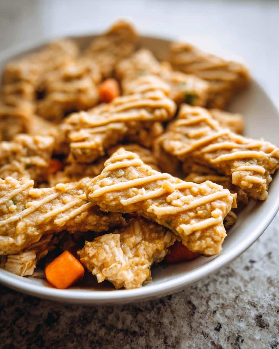 Close-up of bone-shaped Pumpkin Oat Senior Dog Supper pieces topped with a light drizzle in a white bowl.