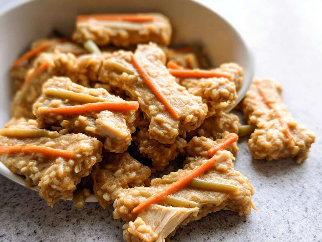 Close-up of bone-shaped Pumpkin Oat Senior Dog Supper treats in a white bowl, topped with carrot strips.
