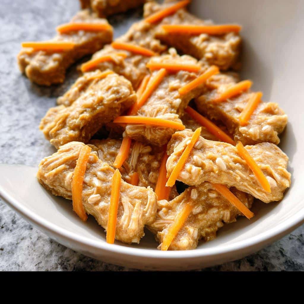 Close-up of homemade Pumpkin Oat Senior Dog Supper treats shaped like bones, topped with shredded carrots.
