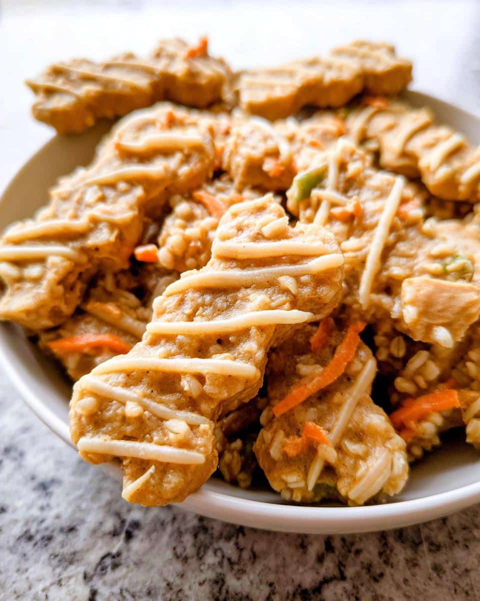 Close-up of homemade Pumpkin Oat Senior Dog Supper treats shaped like bones, drizzled with white icing.