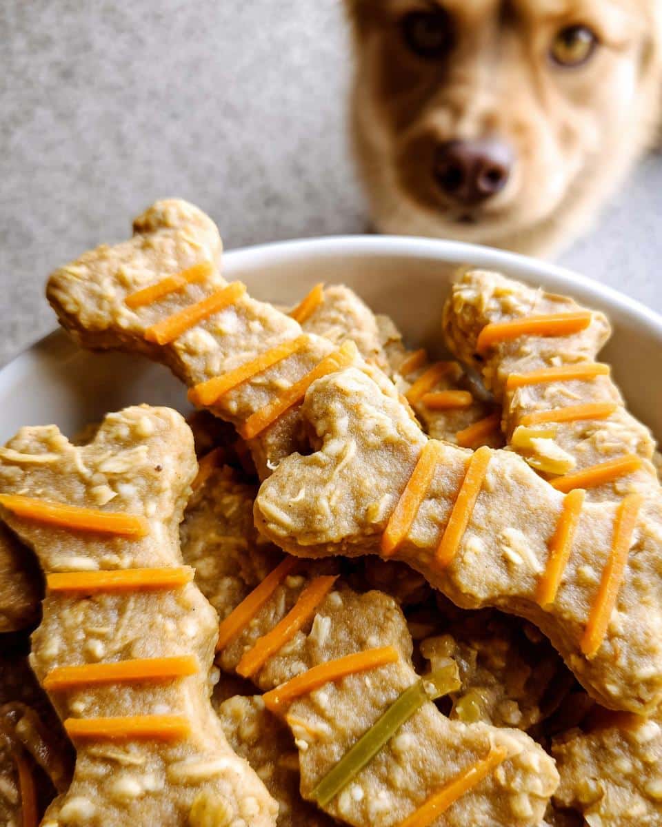 Bone-shaped Pumpkin Oat Senior Dog Supper treats decorated with shredded carrots in a white bowl, with a dog looking on.