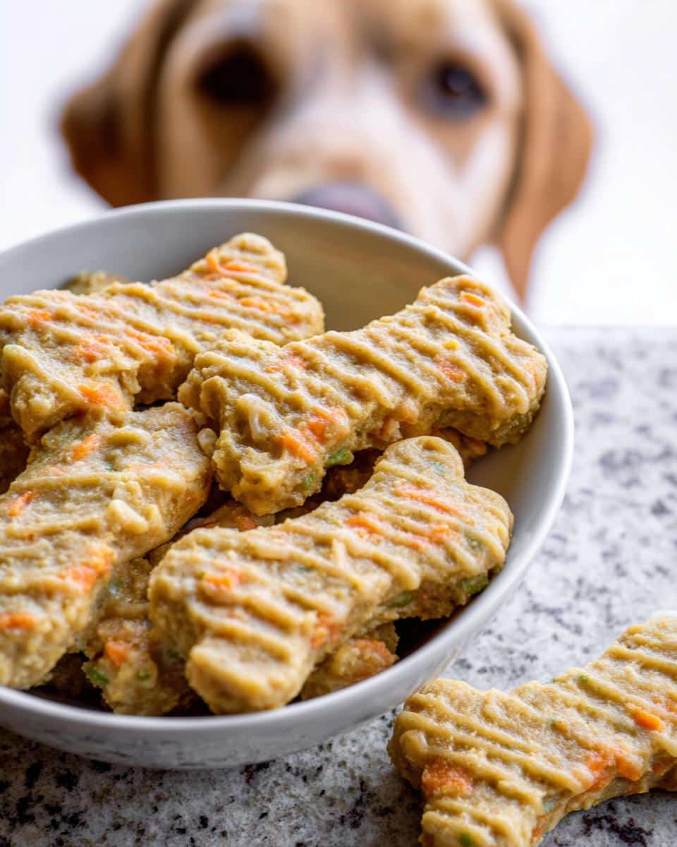 Bone-shaped Pumpkin Oat Senior Dog Supper treats with visible carrot pieces in a bowl, watched by a dog.