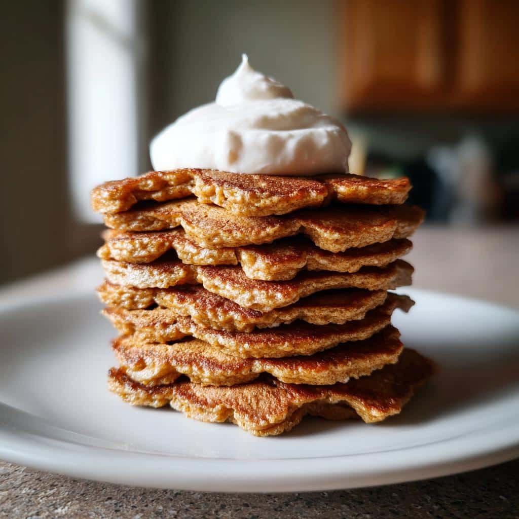 A tall stack of small, golden-brown Pumpkin Pancakes For Dogs topped with a dollop of white cream.