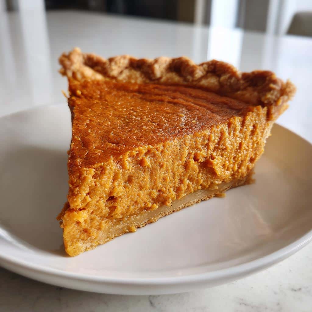 Close-up of a thick slice of Pumpkin Pie for Dogs showing the rich orange filling and flaky crust on a white plate.