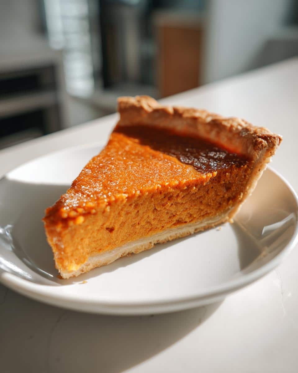 A close-up of a single slice of bright orange Pumpkin Pie for Dogs on a white plate.