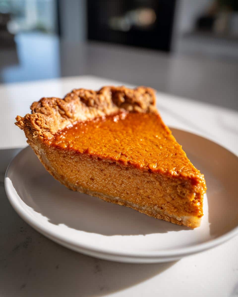 A close-up, sunlit slice of rich orange Pumpkin Pie for Dogs resting on a small white plate.