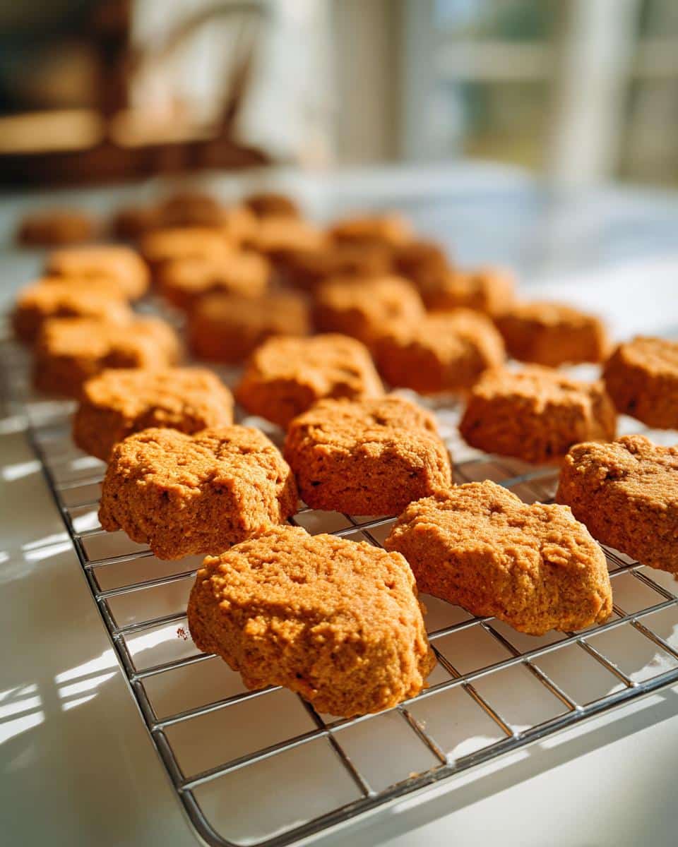 Close-up of several freshly baked pumpkin scipe dog treat squares cooling on a wire rack in bright sunlight.