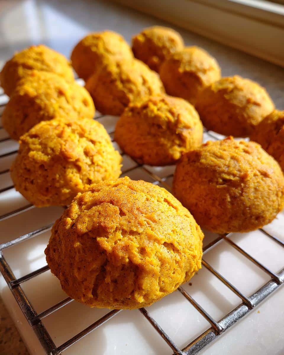 A batch of freshly baked, round pumpkin scipe dog treat biscuits cooling on a wire rack.