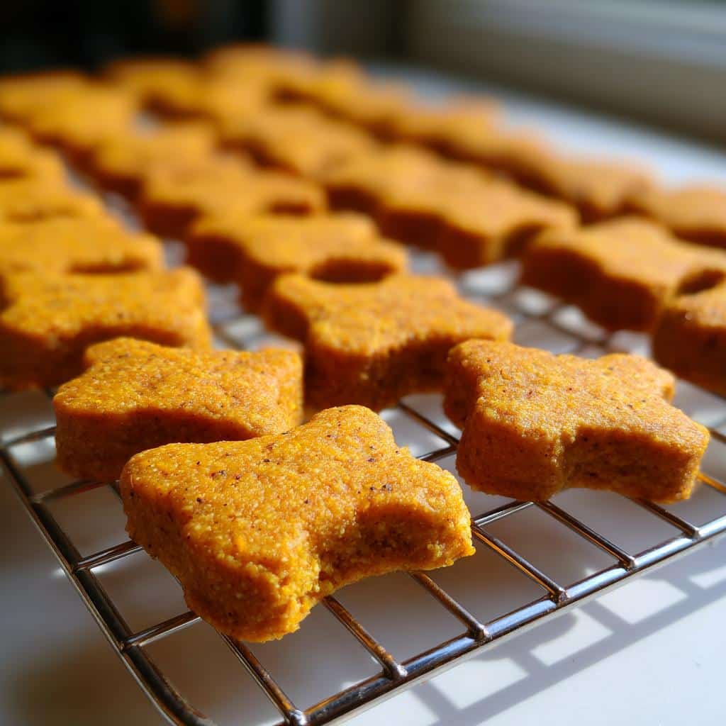 Rows of bright orange, bone-shaped pumpkin scipe dog treat cookies cooling on a wire rack.