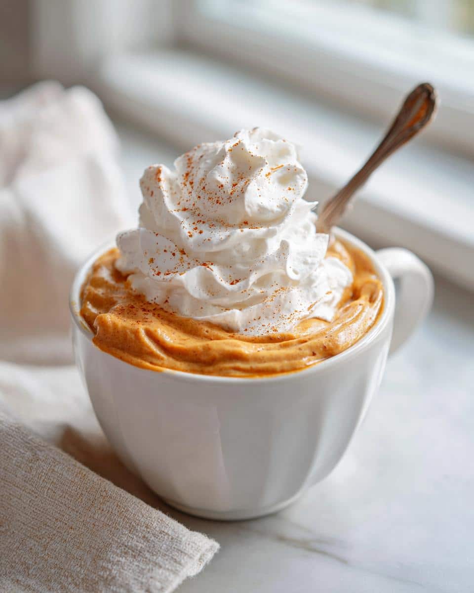 A white mug filled with the orange mixture for Pumpkin Spice Latte for Dogs, topped with whipped cream and cinnamon.