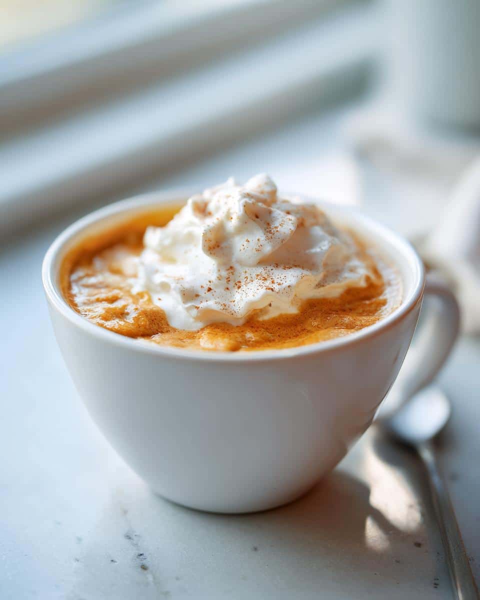 Close-up of a white mug filled with Pumpkin Spice Latte for Dogs, topped with whipped cream and cinnamon.