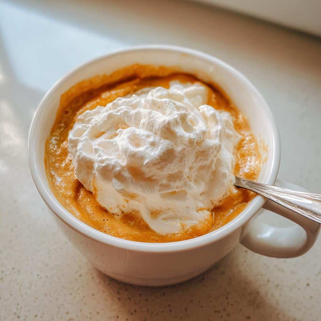 Close-up of a white mug filled with the orange liquid of a Pumpkin Spice Latte for Dogs, topped generously with whipped cream.