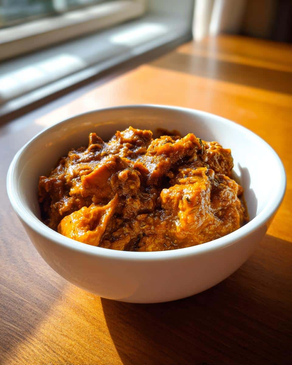 A close-up of rich, thick Pumpkin & Turkey Chili served in a white bowl on a wooden table.