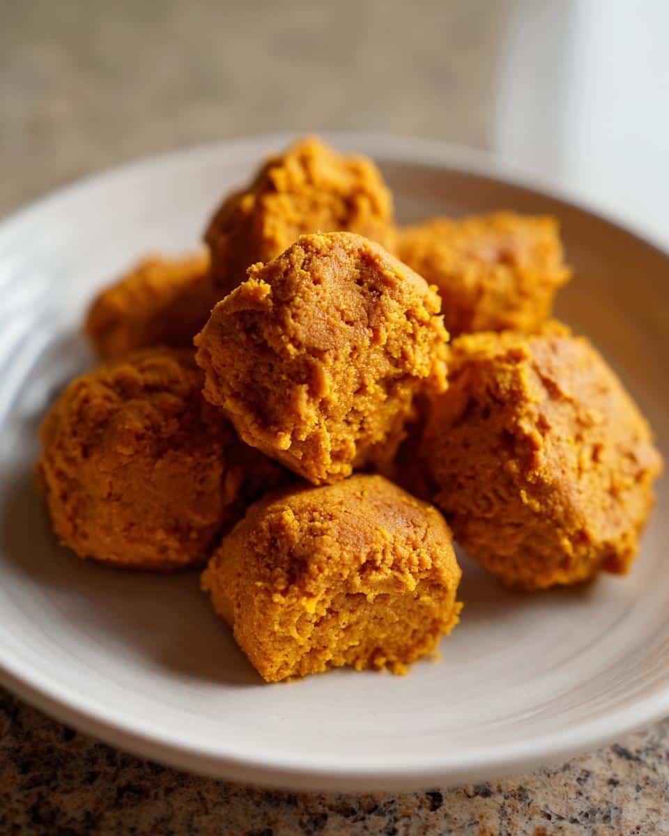 A close-up of several bright orange Pumpkin Yogurt Dog Treats piled on a light-colored plate.