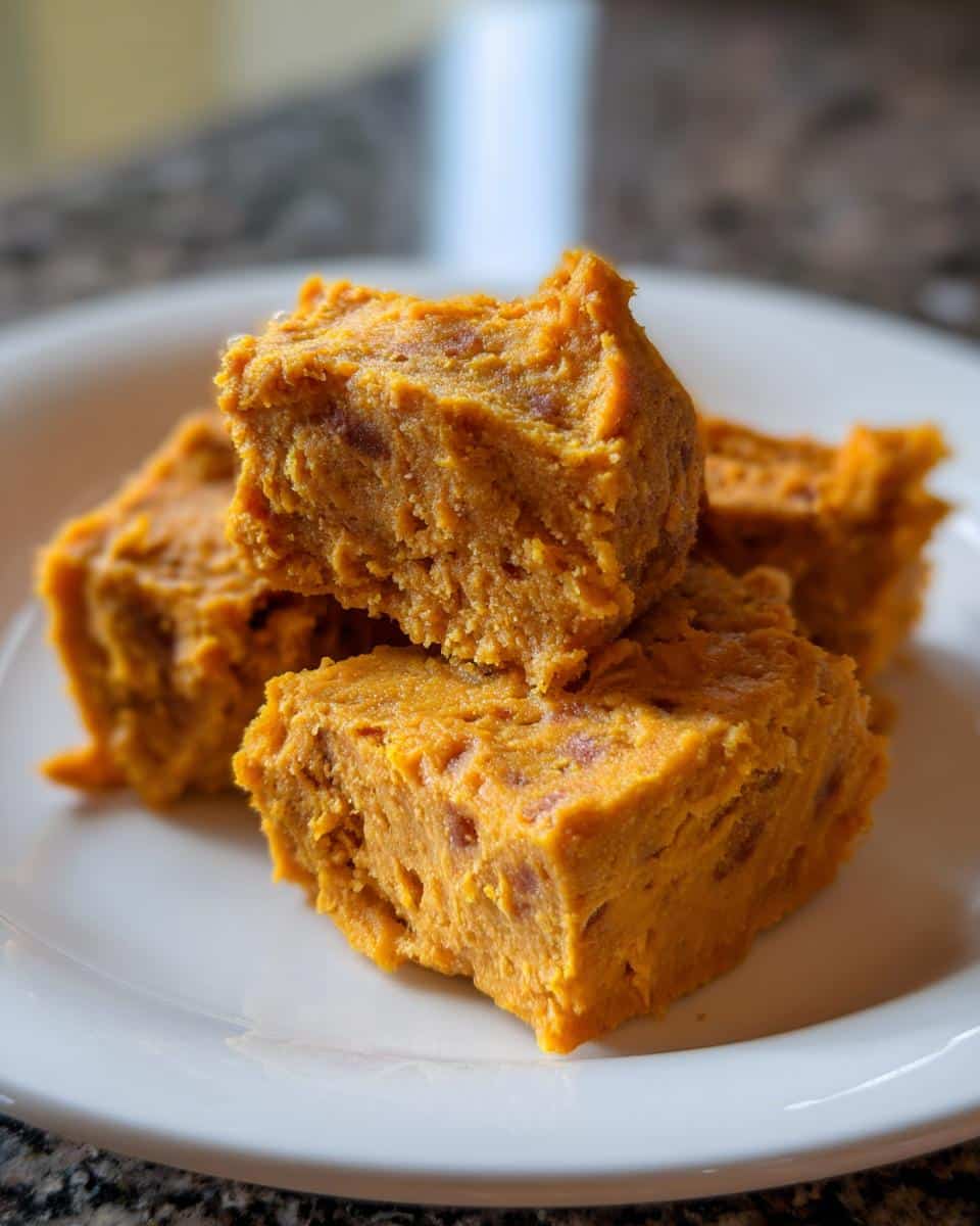 Close-up of three rich orange squares of homemade Pumpkin Yogurt Dog Treats stacked on a white plate.