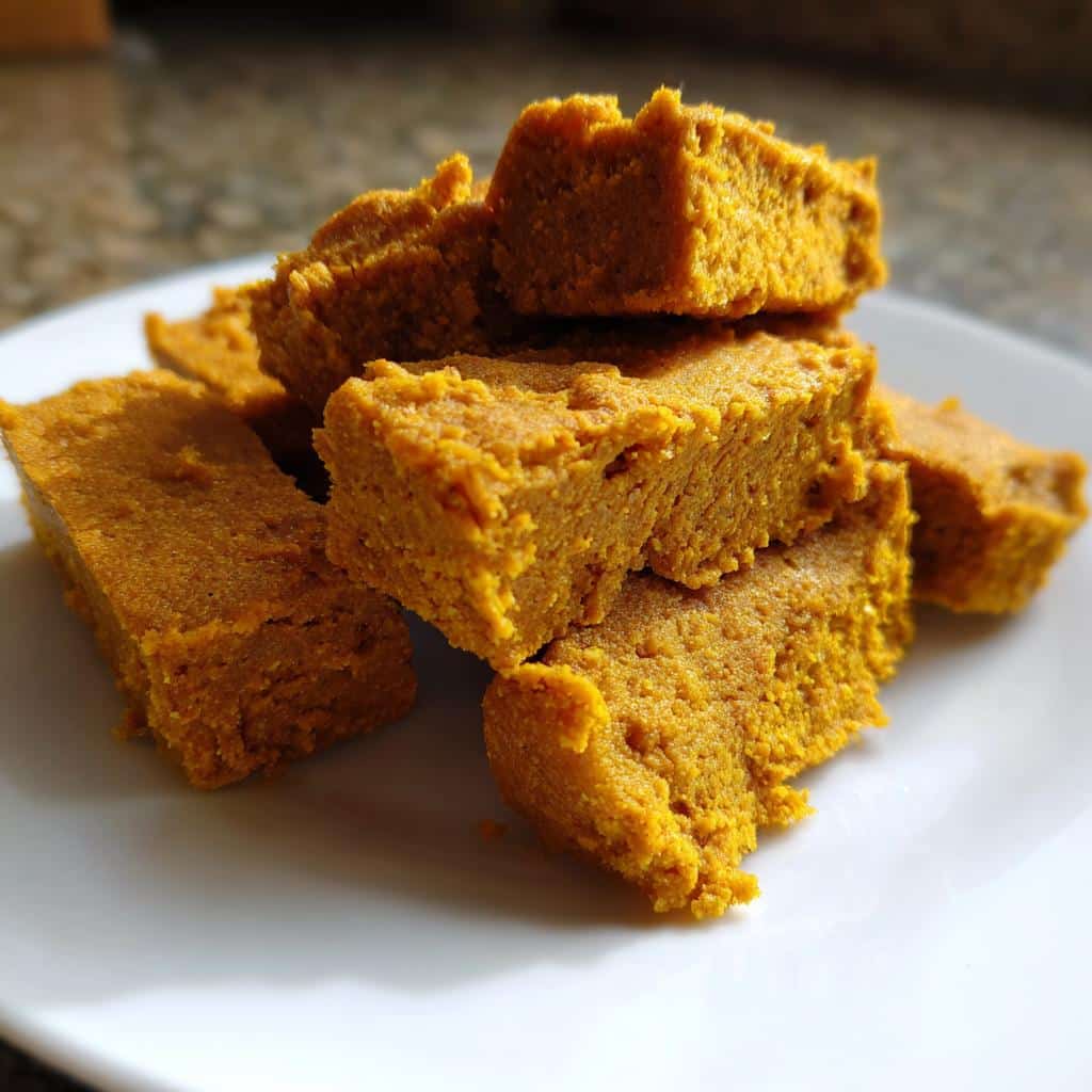 A stack of bright orange, square Pumpkin Yogurt Dog Treats piled on a white plate.