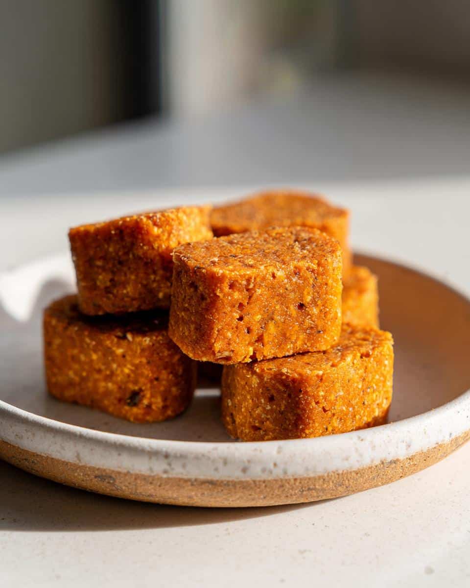 A stack of homemade, orange-colored Pumpkin Yogurt Dog Treats resting on a rustic ceramic plate.