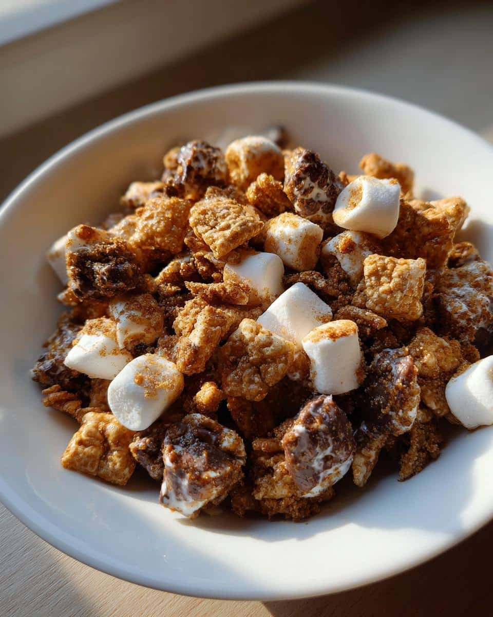 A close-up of a white bowl filled with S’mores chow, featuring cereal, chocolate, and toasted marshmallows.