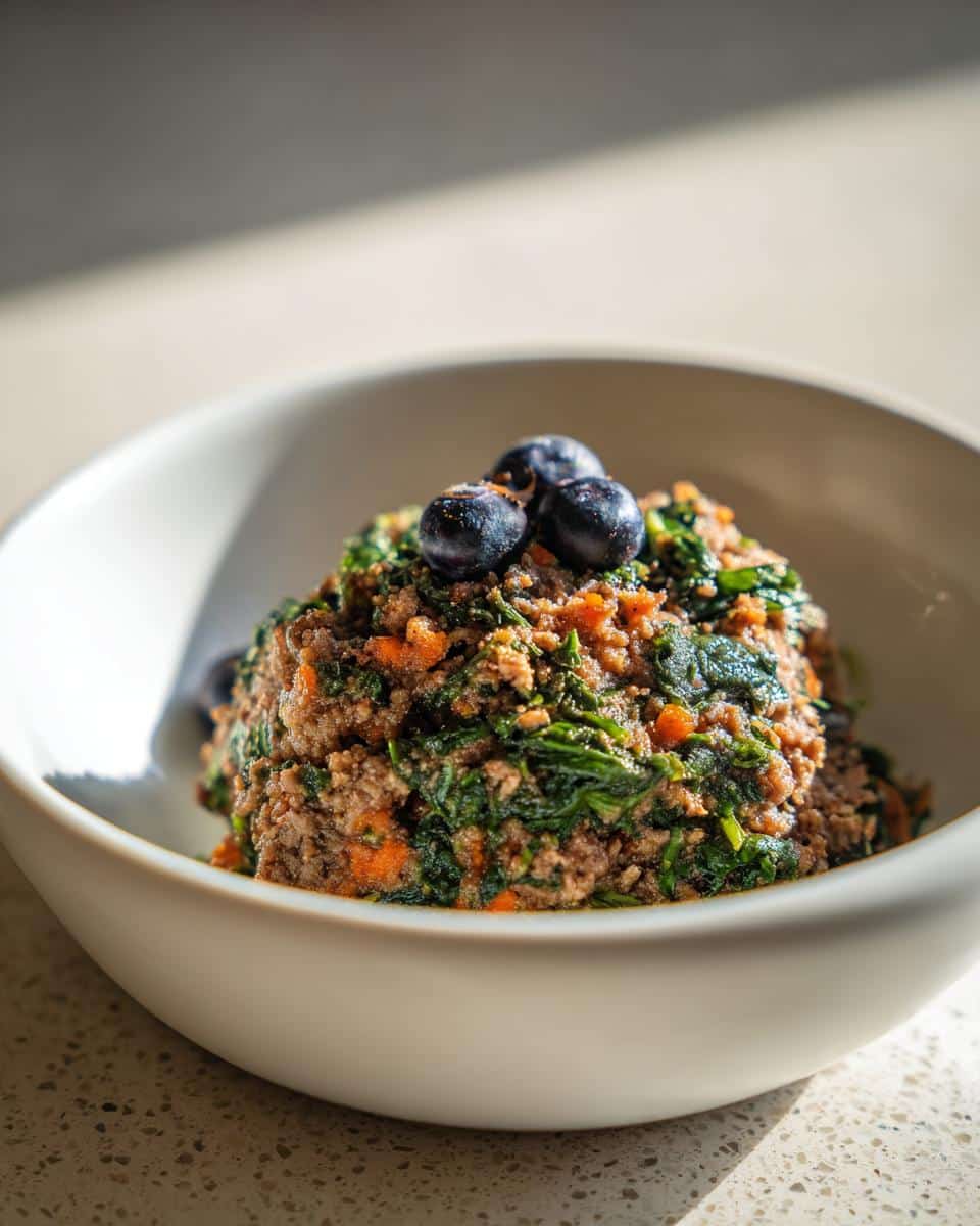 Close-up of a serving of Raw Dog Food Recipes mixed with greens and topped with three blueberries in a white bowl.
