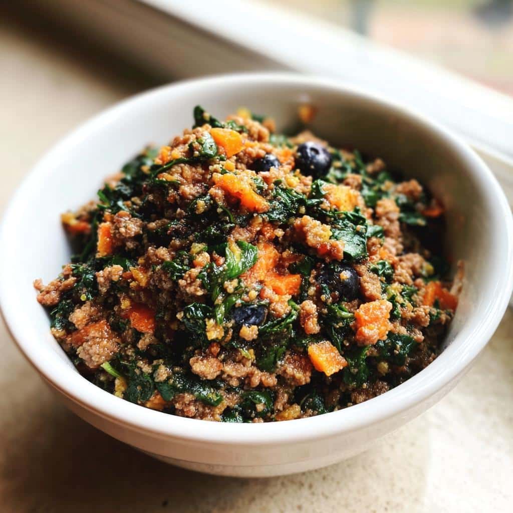 Close-up of a white bowl filled with a healthy mix for Raw Dog Food Recipes, featuring ground meat, spinach, carrots, and blueberries.